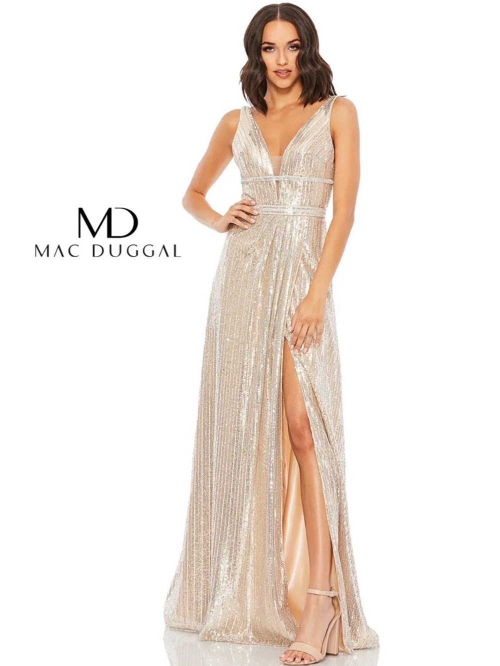 Mac Duggal Gold Sequin V-Neck Slit Gown
